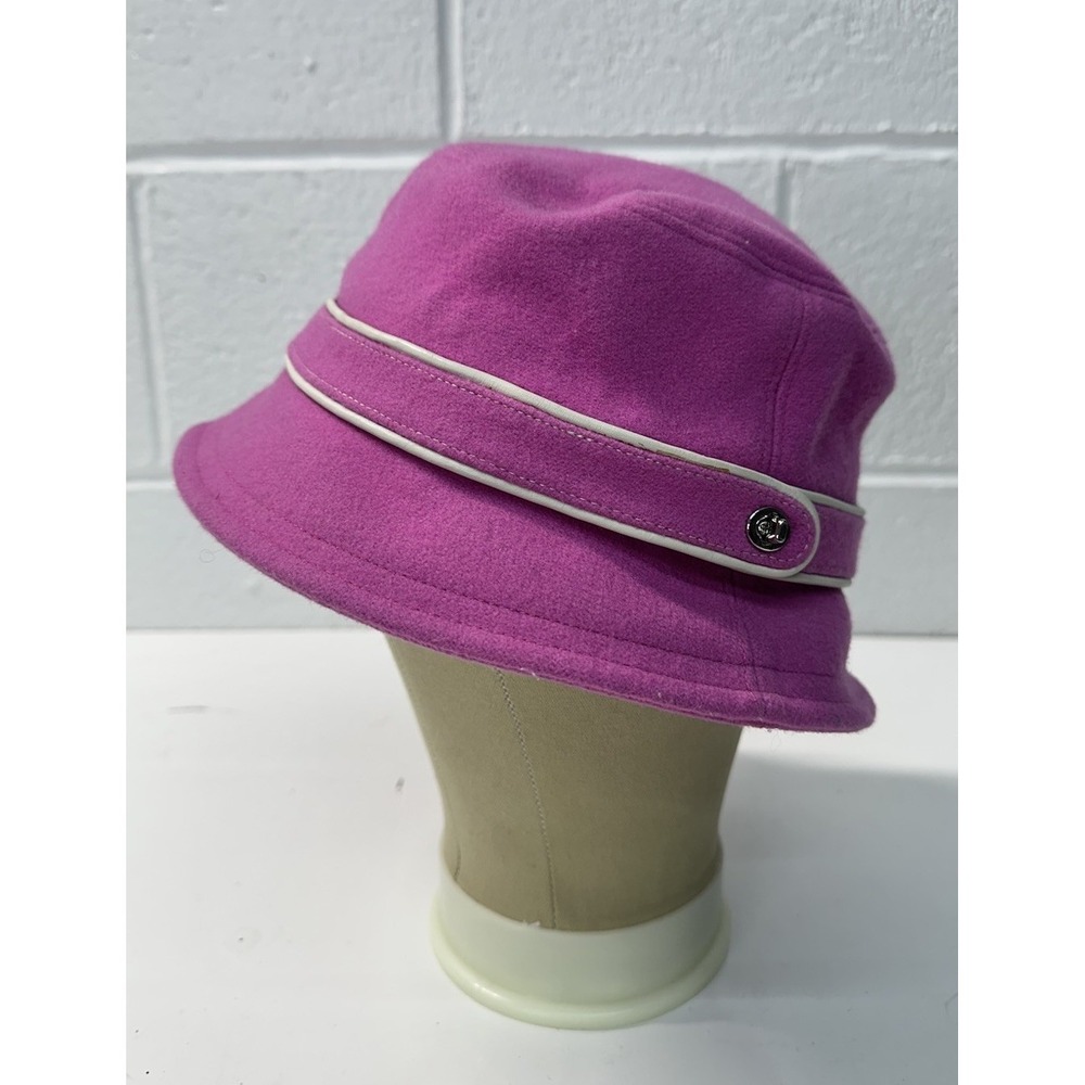 VTG Y2K Coach Bright Pink Bucket Hat Wool Blend Leather Trim / Women's Small P/S
